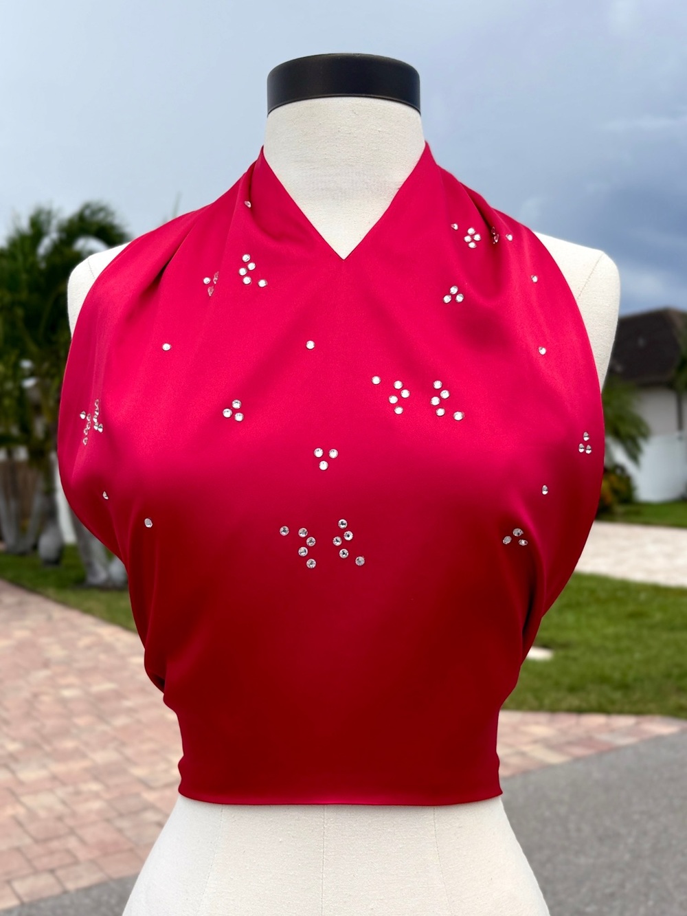 SHEIN Red Bling Satin V-Neck Halter Top Size 6 M Blouse FSU Chiefs Christmas
